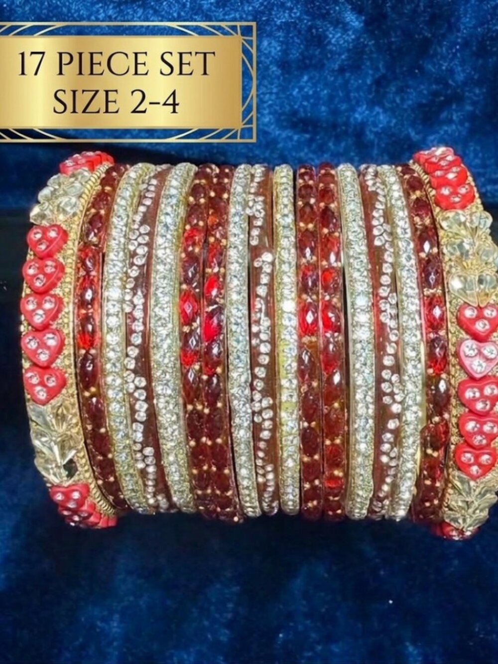 Indian Traditional Red & Gold Rhinestone Bangle Set for Women - Ethnic Stackable